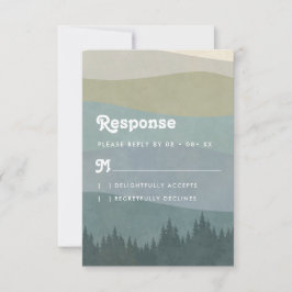 Tarjeta De Confirmación De Asistencia Boda Vertical Boho Azul Retro Montañas y Árboles