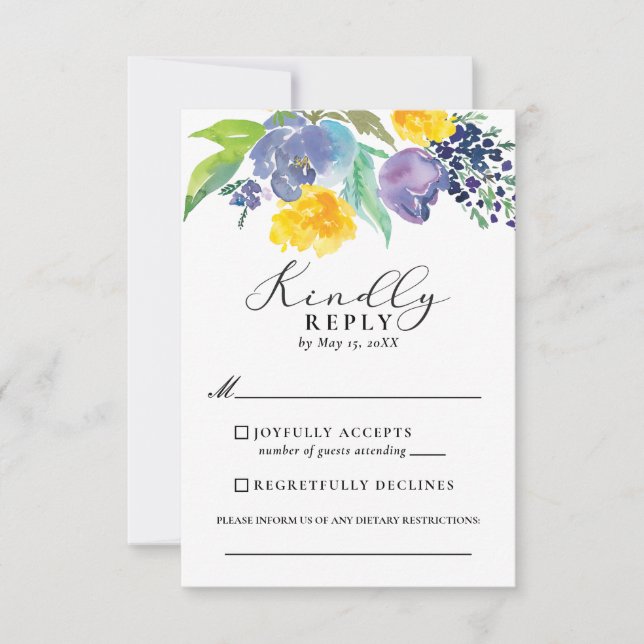 Tarjeta De Confirmación De Asistencia Boda vertical floral azul marino y amarillo (Anverso)