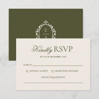 Tarjeta De Confirmación De Asistencia Boda Vintage con Escudo Ovalado en Verde Oliva Din