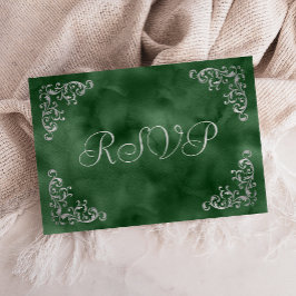 Tarjeta De Confirmación De Asistencia Boda vintage de acuarela verde esmeralda y plata