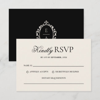 Tarjeta De Confirmación De Asistencia Boda Vintage de Cresta Ovalada en Negro y Crema