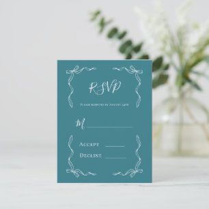 Tarjeta De Confirmación De Asistencia Boda Vintage Francesa Dibujada a Mano en Azul Turq