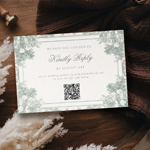Tarjeta De Confirmación De Asistencia Boda Vintage Jardín Verde Esmeralda Francés QR