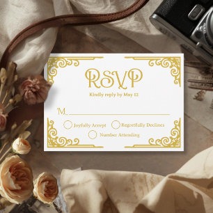 Tarjeta De Confirmación De Asistencia Boda Vintage Oro Blanco 