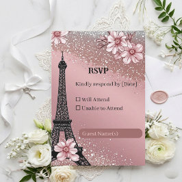 Tarjeta De Confirmación De Asistencia Boda Vintage Parisina Rosa Tono Plateado Brillo