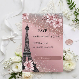 Tarjeta De Confirmación De Asistencia Boda Vintage Parisina Rosa Tono Plateado Brillo