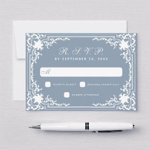 Tarjeta De Confirmación De Asistencia Boda Vintage Polvo Azul Elegante Guion Blanco