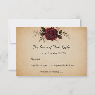 Tarjeta De Confirmación De Asistencia Boda Vintage Roja Burdeos Rosa Negra