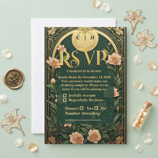 Tarjeta De Confirmación De Asistencia Boda Vintage Viña Arqueada de Oro Suave de Alphons