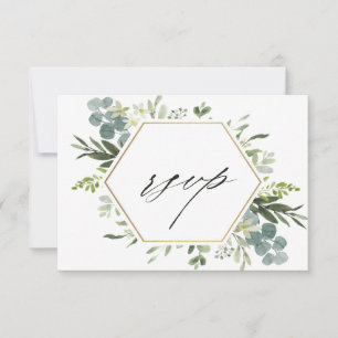 Tarjeta De Confirmación De Asistencia Boda Watercolor Greenery Gold Hexagon
