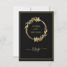 Tarjeta De Confirmación De Asistencia Boda Wreath del follaje del eucalipto negro dorado