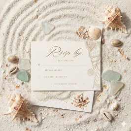 Tarjeta De Confirmación De Asistencia Bodas Costeras Blancas y Conchas Doradas