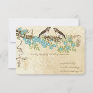 Tarjeta De Confirmación De Asistencia Bodas de Aves Vintage Aqua Cherry Blossom