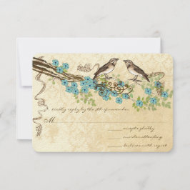 Tarjeta De Confirmación De Asistencia Bodas de Aves Vintage Aqua & Navy Cherry Blossom