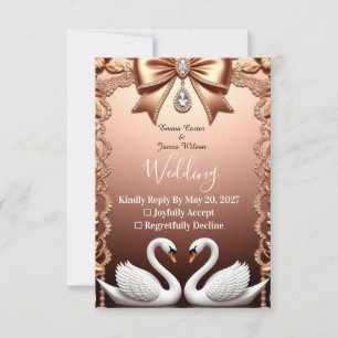 Tarjeta De Confirmación De Asistencia 🌸 Bodas de Cisnes Blancos con Rosa Dourado