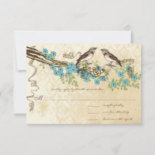 Tarjeta De Confirmación De Asistencia Bodas de pájaros vintage de flor de cerezo azul ma