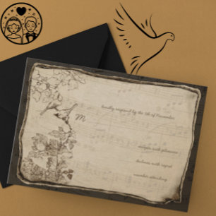 Tarjeta De Confirmación De Asistencia Bodas de Pájaros Vintage en Pergamino Envejecido