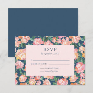 Tarjeta De Confirmación De Asistencia Bodas de peonías en acuarela Floral Azul Oscuro