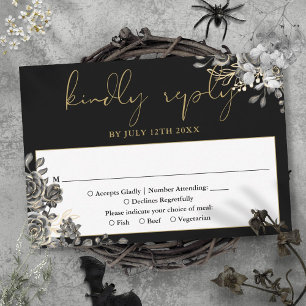 Tarjeta De Confirmación De Asistencia Bodas de Rosas Florales Góticas Negras y Doradas