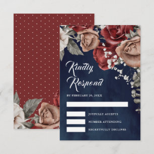 Tarjeta De Confirmación De Asistencia Bodas de Rosas Rojas Borgoña Floral Azul Marino