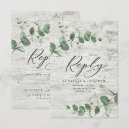 Tarjeta De Confirmación De Asistencia bodas verdes de eucalipto follaje de madera blanca