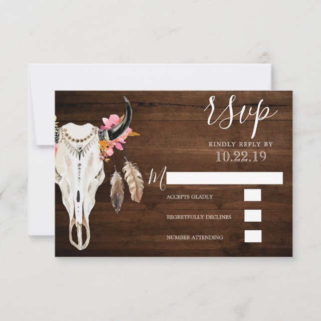 Tarjeta De Confirmación De Asistencia Boho Antler Rustic Dark Wood Boda (Anverso)