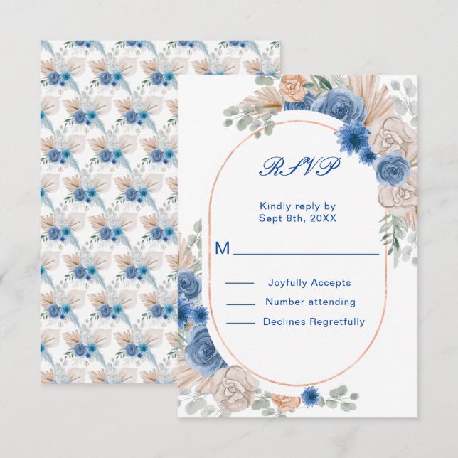 Tarjeta De Confirmación De Asistencia Boho Blue Pampas Boda de GrassRSVP (Anverso / Reverso)