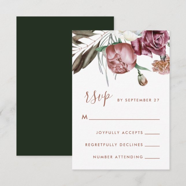 Tarjeta De Confirmación De Asistencia Boho Boda de escritura moderna verde floral (Anverso / Reverso)