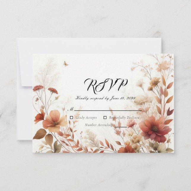 Tarjeta De Confirmación De Asistencia Boho Browns with Butterflies Floral Wedding (Anverso)