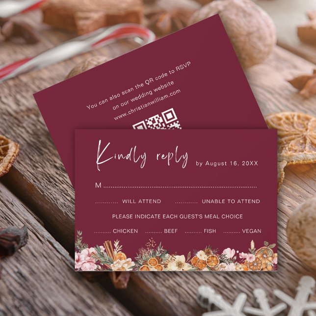 Tarjeta De Confirmación De Asistencia Boho Burgundy Boda de vacaciones de invierno Códig (Subido por el creador)