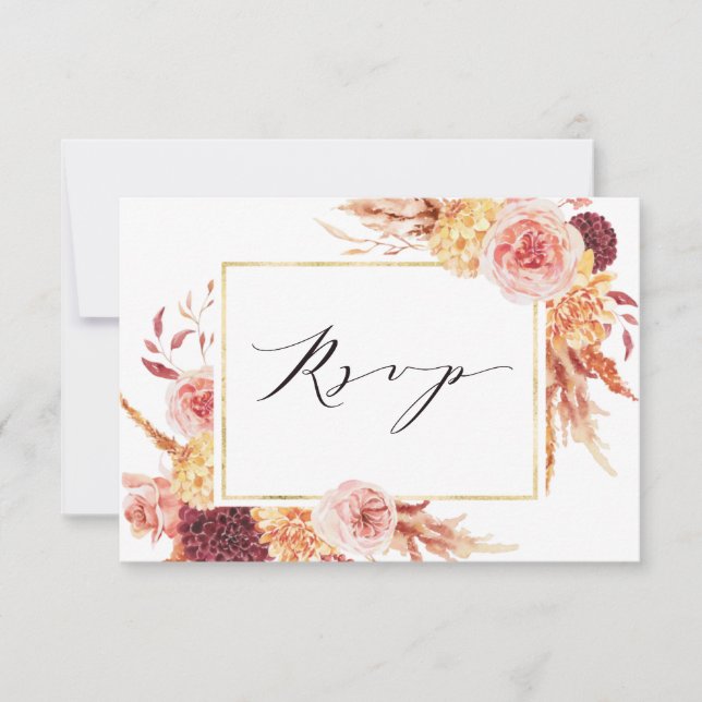 Tarjeta De Confirmación De Asistencia Boho Burgundy Terracotta Floral Gold Frame Boda (Anverso)