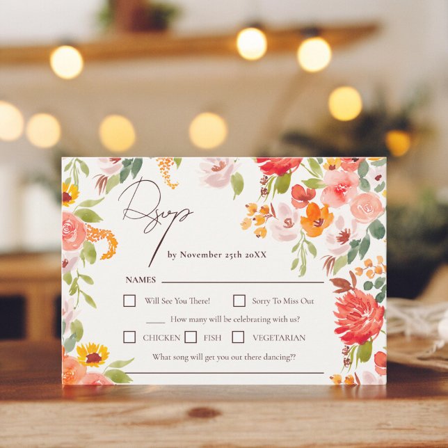 Tarjeta De Confirmación De Asistencia Boho cae floral rústica todo en un boda (Boho fall rustic floral all in one wedding RSVP card)