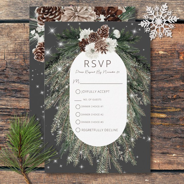 Tarjeta De Confirmación De Asistencia Boho Charcoal Pine Winter Sparkle Tres Cenas (Boho Charcoal Pine Winter Sparkle Three Dinner RSVP Card)