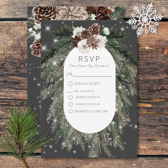 Tarjeta De Confirmación De Asistencia Boho Charcoal Pine Winter Sparkle Two Dinner (Boho Charcoal Pine Winter Sparkle Wedding RSVP Card)