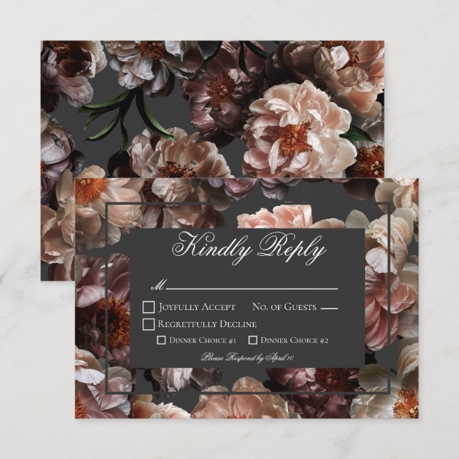 Tarjeta De Confirmación De Asistencia Boho Dark Peony flora a Boda moderno (Anverso / Reverso)