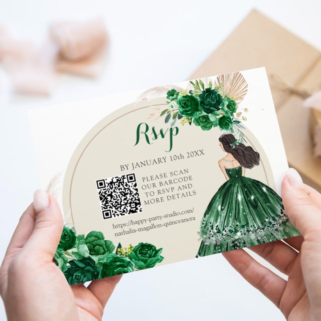 Tarjeta De Confirmación De Asistencia Boho Emerald Green Princess Quinceañera QR (Subido por el creador)