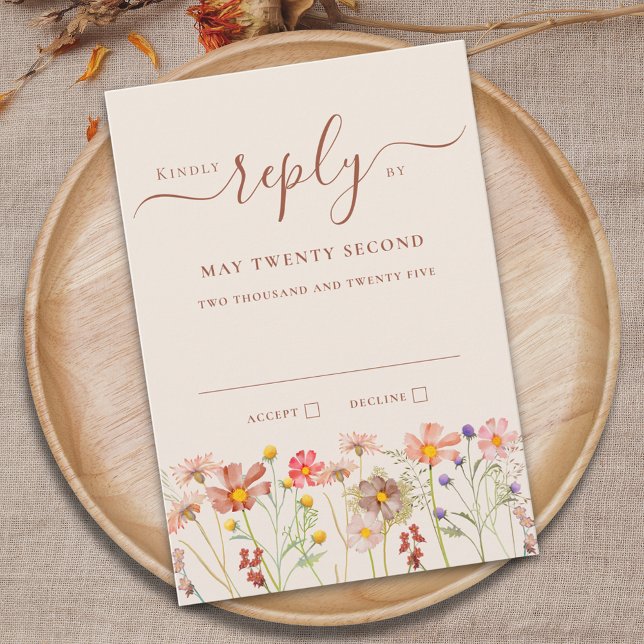 Tarjeta De Confirmación De Asistencia Boho Fall Wildflower Beige Terracotta Rust Wedding (Boho fall Wildflower meadow beige terracotta rust floral Wedding RSVP Card Elegant script)