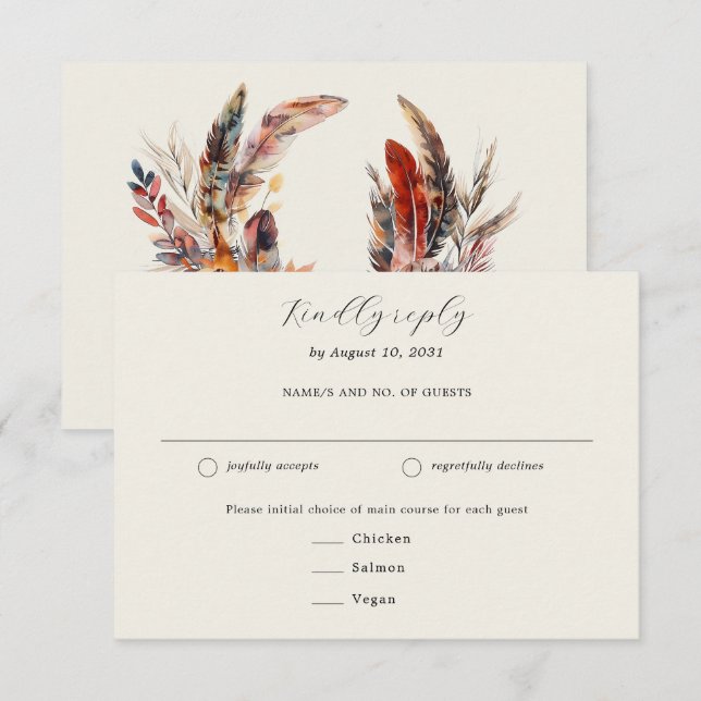 Tarjeta De Confirmación De Asistencia Boho Feathers Wreath Meal Choice Boda (Anverso / Reverso)