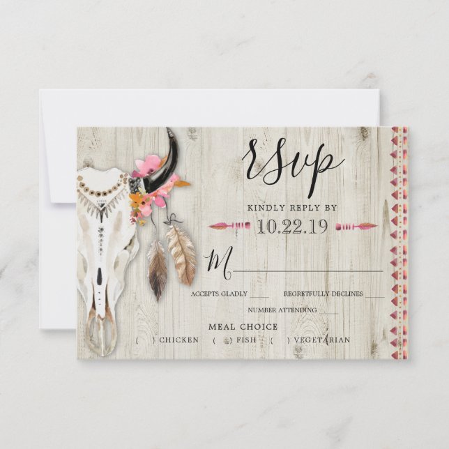 Tarjeta De Confirmación De Asistencia Boho Floral Antler Comida Elección Boda de Madera  (Anverso)