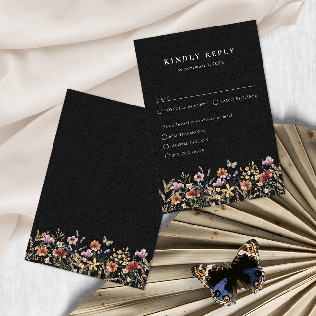 Tarjeta De Confirmación De Asistencia Boho Floral Con Comidas (Moody Black Boho Floral With Meals RSVP Card by Painted Paperie
)