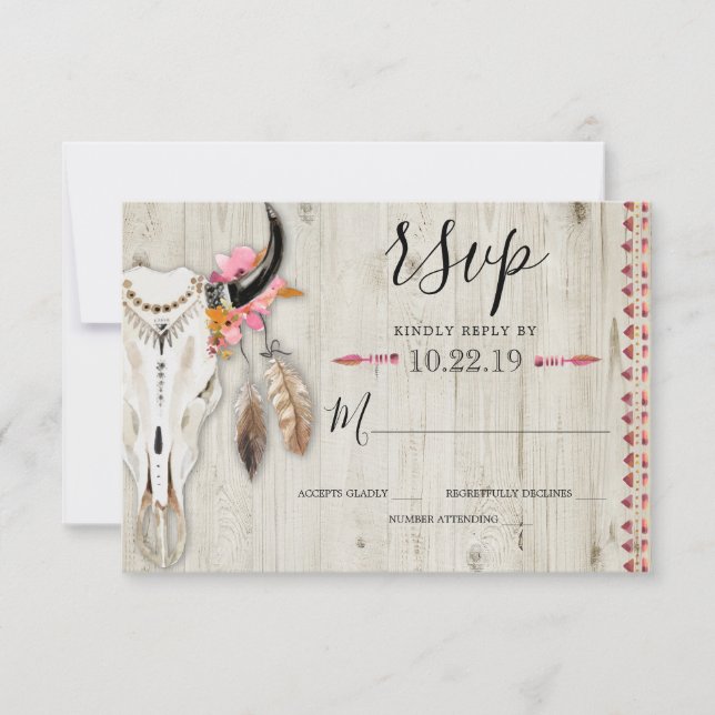 Tarjeta De Confirmación De Asistencia Boho Floral Feather Antler Cow Skull Wood Boda (Anverso)