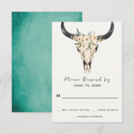 Tarjeta De Confirmación De Asistencia Boho Floral Skull en el Boda de fondo turquesa