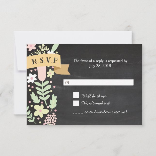 Tarjeta De Confirmación De Asistencia Boho Flower Wreath Rustic Chalkboard Boda (Anverso)