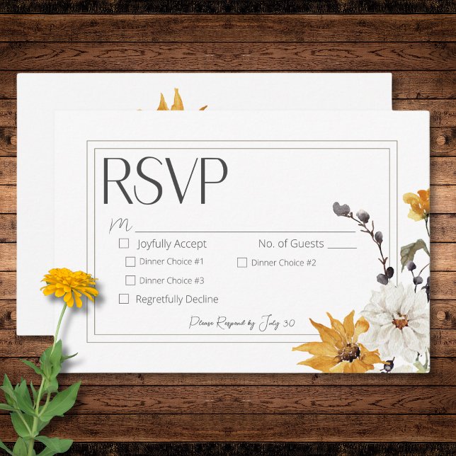 Tarjeta De Confirmación De Asistencia Boho Golden Yellow Meadow Flores Cena blanca (Boho Golden Yellow Meadow Flowers White Dinner RSVP Card)
