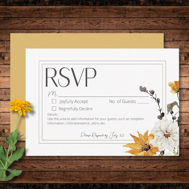 Tarjeta De Confirmación De Asistencia Boho Golden Yellow Meadow Flower Gold Sin cena (Boho Golden Yellow Meadow Flower Gold No Dinner RSVP Card)
