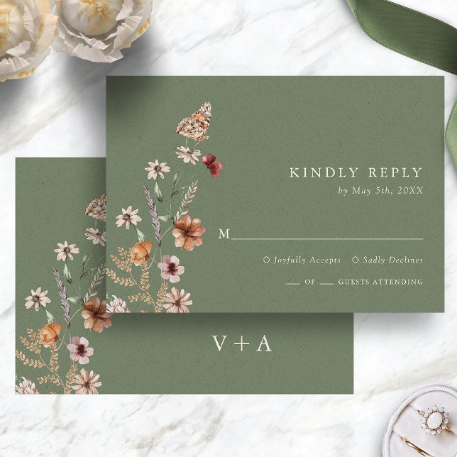 Tarjeta De Confirmación De Asistencia Boho Green Floral (Boho Sage Green Wildflower RSVP Card with Butterfly by Painted Paperie
)