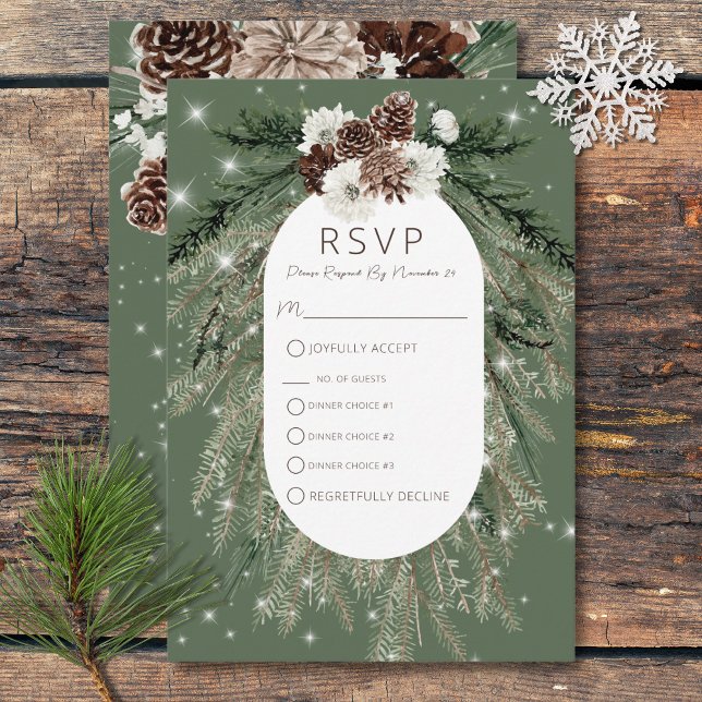 Tarjeta De Confirmación De Asistencia Boho Green Pine Winter Sparkle Tres Cenas (Boho Green Pine Winter Sparkle Three Dinner RSVP Card)