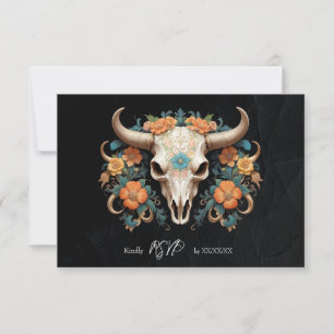 Tarjeta De Confirmación De Asistencia Boho Moda Watercolor Floral Cow Skull Boda