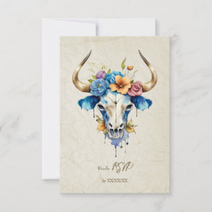 Tarjeta De Confirmación De Asistencia Boho Moda Watercolor Floral Cow Skull Boda