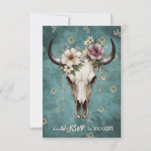 Tarjeta De Confirmación De Asistencia Boho Moda Watercolor Floral Cow Skull Boda